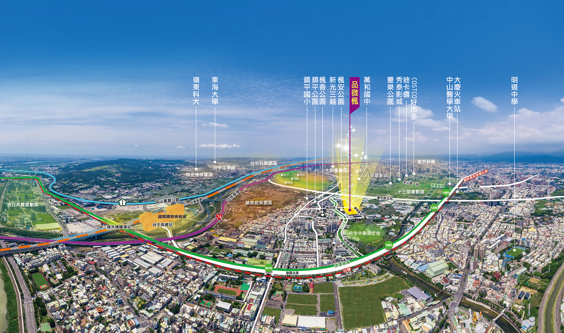 【秀泰、好市多生活圈】
基地位於八期、十三期、南區、高鐵特區中心點，6分鐘內可到秀泰文心Shopping Mall、好市多、迪卡儂、七期商圈，以及高鐵購物商城。
【公園、水岸健康生活】
知名豐樂雕塑公園近距離可達，基地鄰近1.5公里楓香大道、楓香公園，超高的綠覆率，讓您擁抱最舒適的健康生活。
【休閒、文風優雅生活】
文小預定地、十三咖啡、誠實商店、藍寶咖啡、楓香古道…周邊環繞，享受城裡慢步調的優雅文青生活。
【捷運、高鐵、快速道】
擁有捷運綠線G15、台鐵、高鐵、74快速道路、雙國道的交通優勢，神速接軌城市精華板塊，一日生活圈暢通無阻。
【完美規劃，量身打造】
近1200坪臨路大基地，視野佳、0店面單純住家，2、3、4房，依家庭需求貼心設計。